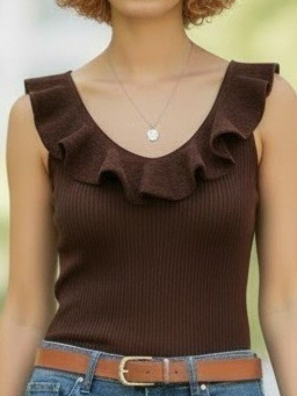 A New Day Brown Knit Tank Top Women's Size S Ruffle V Neckline Front & Back